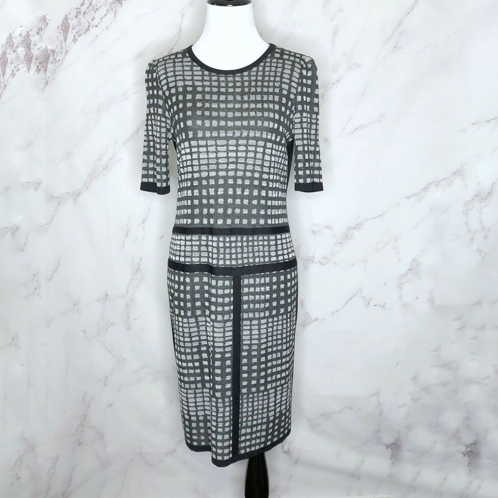 Exclusively Misook Black Gray Knit Geometric Dress